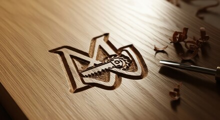 Intricate wooden logo design with key and letter combination on wood surface.