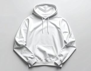 A pristine white hoodie, showcasing a clean design with a front pocket and drawstring.