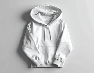 A white hoodie sweatshirt with a hood and drawstrings, laid flat on a white surface.
