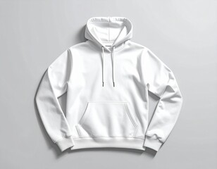 Plain white pullover hoodie with drawstrings and a kangaroo pocket laid flat on a gray surface.