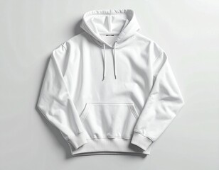 A plain white hoodie is laid out flat on a white background, showcasing its simple design and texture.