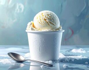 A close-up shot of a scoop of vanilla ice cream in a white cup with a spoon.