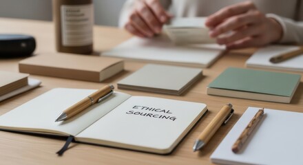 Ethical Sourcing Notebooks on Desk with Pens and Person.