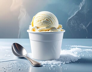 A close-up shot of a scoop of vanilla ice cream in a white cup with a spoon.