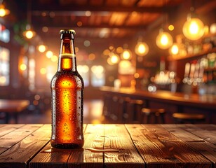 A cold bottle of beer with condensation sits on a rustic wooden table in a warmly lit, blurry pub background.