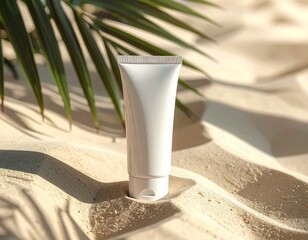 A white cosmetic tube standing upright on rippled sand, with a blurred palm leaf casting shadows in the background, evoking a tropical and natural skincare theme.