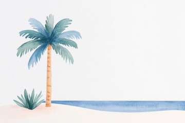 Watercolor illustration of a lone palm tree by the shoreline, with soft blue sea, pale sand, and airy sky, conveying calm, relaxation, and tropical vacation vibes.