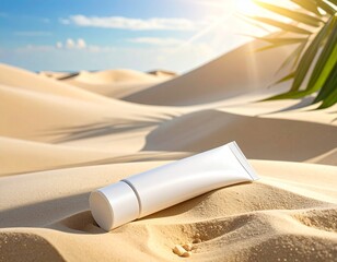 A white tube of sunscreen sits on the sand dunes under the bright sun, palm leaves visible.