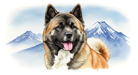 Akita dog portrait with mountain backdrop watercolor illustration