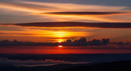 Fiery Sunset Over the Horizon with Clouds and Vibrant Colors.