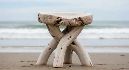 Handmade rustic driftwood stool sitting on a sandy beach.