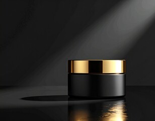 A luxurious black cosmetic jar with a gold lid sits on a reflective surface, illuminated by a dramatic spotlight against a dark background.