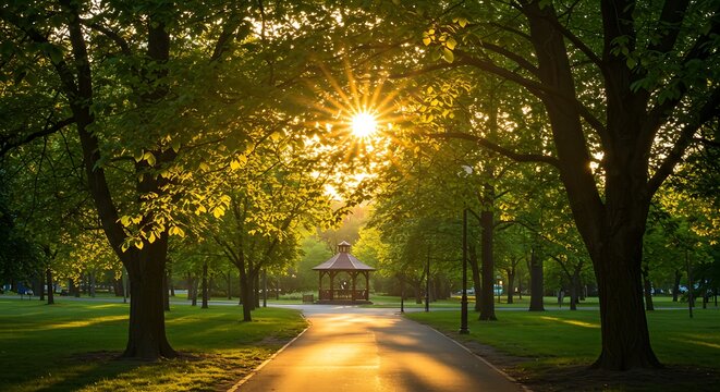 Scenic park view with sunlight filtering through trees and path leading to gazebo