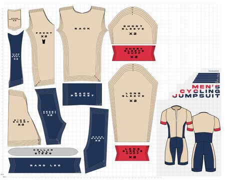 Men&rsquo;s cycling jumpsuit vector pattern sewing, skating jumpsuit, graded sizes S to XXL. Ideal for sportswear designers, garment construction, sewing templates, and technical fashion design