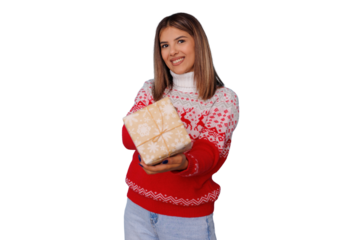 Smiling woman passing christmas gift, wearing festive sweater, celebrating holiday season, transparent background