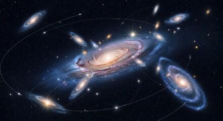 A central spiral galaxy surrounded by its many satellite dwarf galaxies.