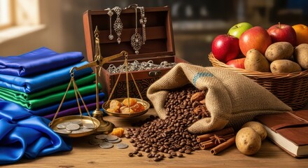 Still Life with Coffee Beans, Fruit, and Antique Objects.