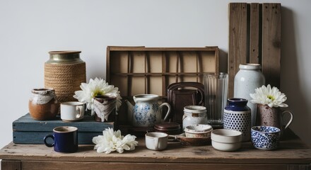 Vintage Pottery and Floral Arrangement on Wooden Surface.