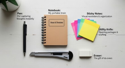 Stationery Essentials - Notebook, Pen, Sticky Notes, and Utility Knife.
