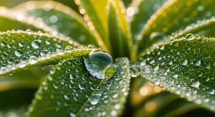 Dewdrops on Green Leaves Macro Shot.