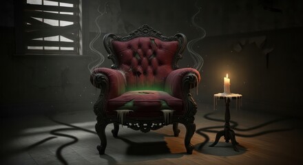 Eerie Scene of a Vintage Throne Chair in a Dark Abandoned Room.
