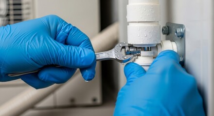 Plumber in blue glove tightening a pipe. Plumbing work on water filter installation process. Household maintenance and repair concept.