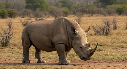 Fototapeta premium Rhino stands alert in natural habitat with open field background