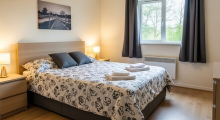 Cozy Bedroom with Bed, Pillows, and Nightstand, Warm Lighting.