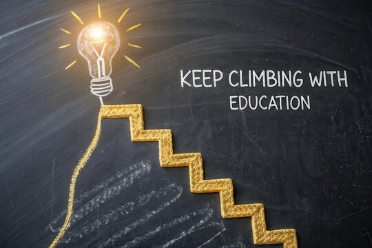 A glowing lightbulb inspiring idea over golden steps on a chalkboard