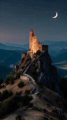 Obraz premium Stone Castle Tower Under a Starry Crescent Moon Night Sky