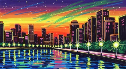 Vibrant Cityscape at Sunset - Buildings Reflected in Water.