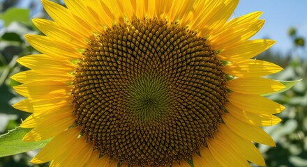 Close up of a bright yellow sunflower in full bloom with a clear blue sky background.