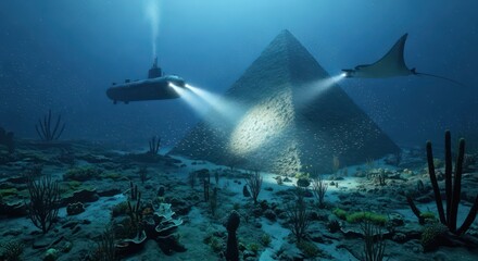 Underwater Submarine Explores Mysterious Pyramid Structure on Ocean Floor.
