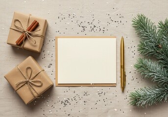 A holiday flat lay arrangement featuring gifts a card and a golden pen