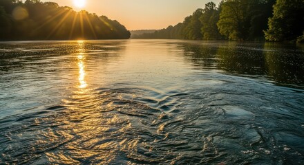 Golden Sunset Over Serene River with Rippling Water and Lush Green Banks.
