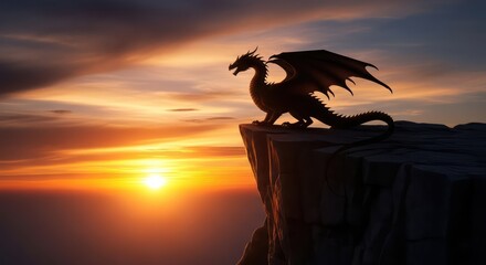 Majestic Dragon Silhouette Perched on a Cliff at Sunset.