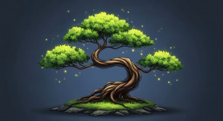 Enchanting Bonsai Tree with Glowing Particles in Mystical Forest Setting.