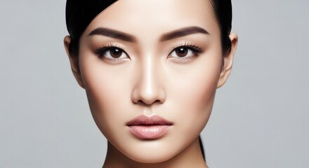 Close-up portrait of a beautiful young Asian woman with natural makeup and clear skin.
