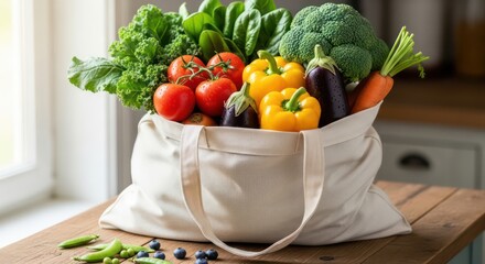 Freshly picked organic vegetables in a reusable canvas bag on a wooden table by a window, showcasing healthy eating and sustainable living.