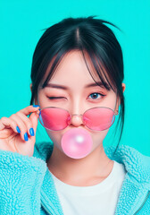 Stylish young woman with pink sunglasses and bubble gum on colorful background