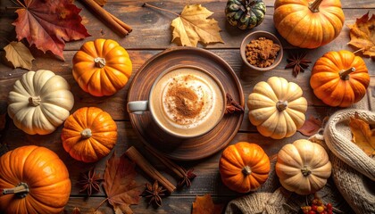 Overhead View of Pumpkin Spice Latte Surrounded by Mini Pumpkins and Autumn Leaves on Dark Wooden Background