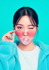 Stylish young woman with pink sunglasses and bubble gum on colorful background