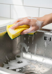 Hand cleaning sink with yellow sponge and soap