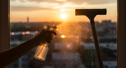 Window cleaning with spray bottle and squeegee in urban environment