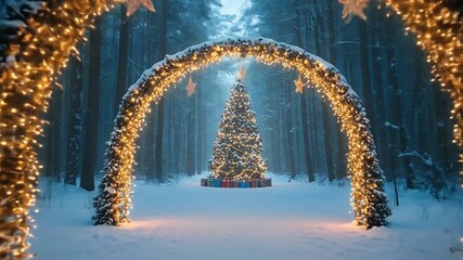 Illuminated pathway adorned with festive lights and decorative stars leads towards a Christmas tree in a snow-covered forest, creating a magical and enchanting winter holiday scene with a cozy... - Powered by Adobe