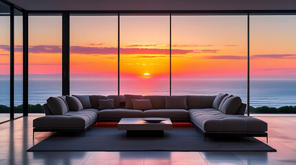 sunset ocean view property background, landscape. Modern living room interior design with sleek contemporary designer furniture, large windows, panoramic view	