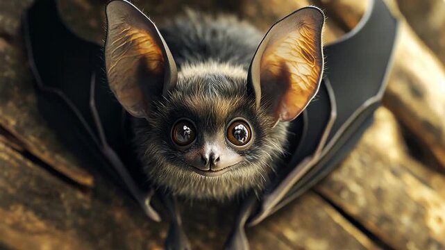 Adorable baby bat with big eyes and wings spread, perched on wood.