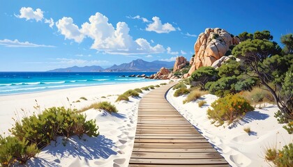 Picturesque coastal pathway scene: Wooden boardwalk on a sandy beach