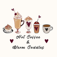 Coffee vector hand drawn illustration with set of coffee mugs, autumn season doodle style