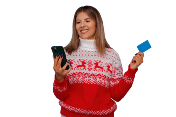 Woman buying christmas gifts online using smartphone and credit card, enjoying holiday shopping, transparent background